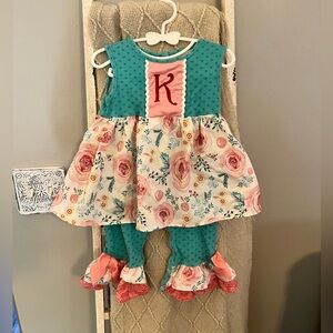 RicRac and Ruffles K Monogram Floral Teal & Pink One Piece Outfit